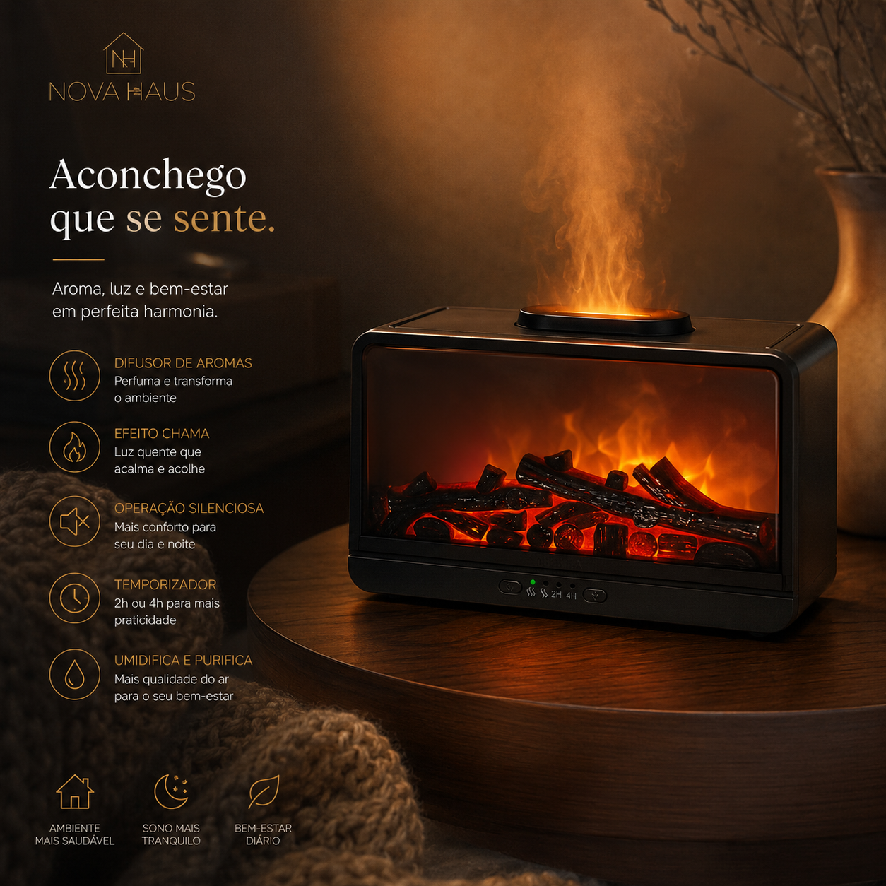 Umidificador Difusor de Aromas Lareira LED Preto